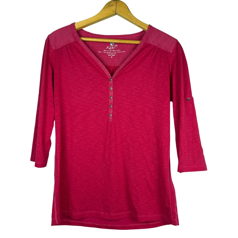 Kuhl Womens Magenta Pink Slub Knit Henley 3/4 Sleeve‎ Roll Tab Top Sz Small Y2K